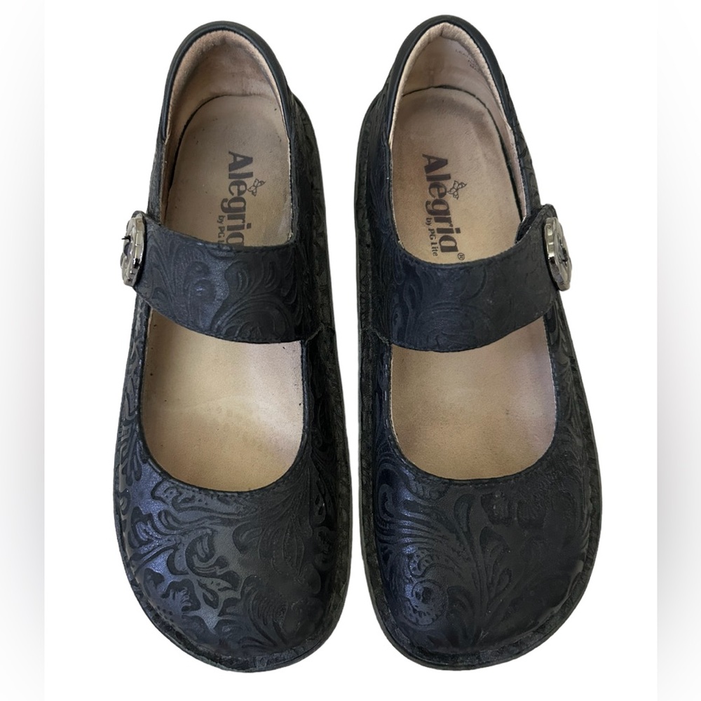 Alegria Paloma Women’s 8.5 39 Black Floral Tooled Leather Mary Jane Classic Shoe